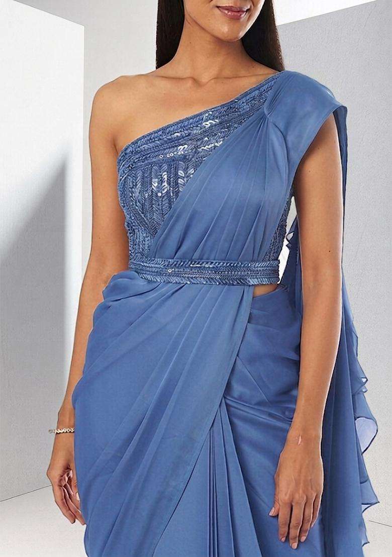 Blue Embroidered Handwork Pre Draped Saree Set - Indya