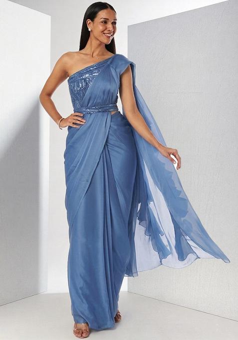 Blue Embroidered Handwork Pre Draped Saree Set