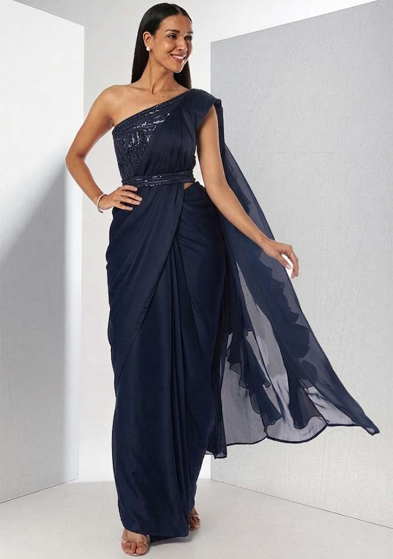 Blue Embroidered Handwork Pre Draped Saree Set - Indya