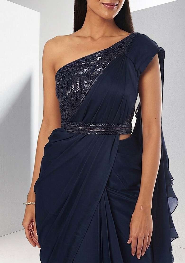 Blue Embroidered Handwork Pre Draped Saree Set - Indya