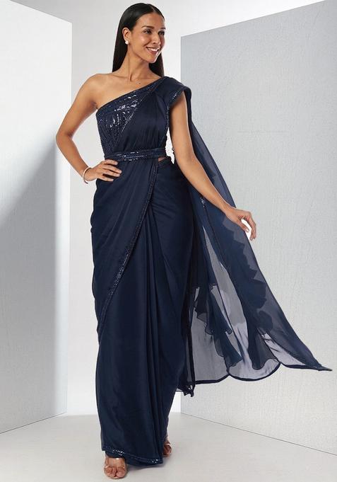 Blue Embroidered Handwork Pre Draped Saree Set