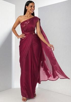 Wine Embroidered Handwork Pre Draped Saree Set