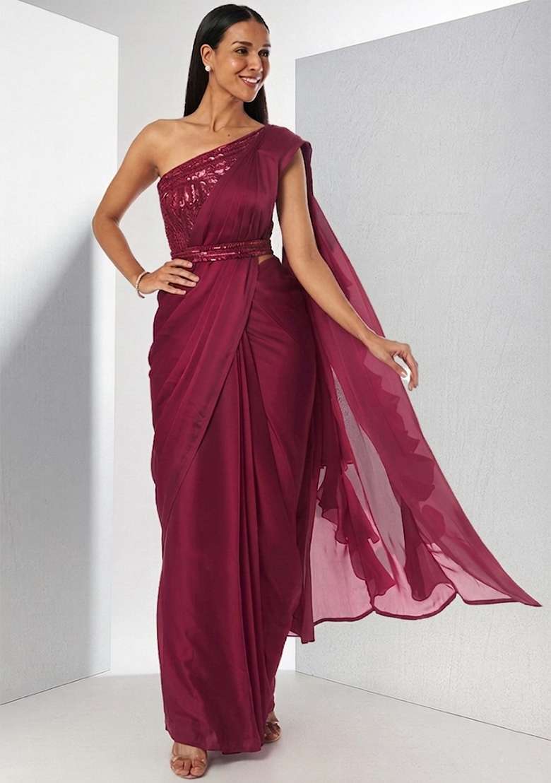 Wine Embroidered Handwork Pre Draped Saree Set - Indya