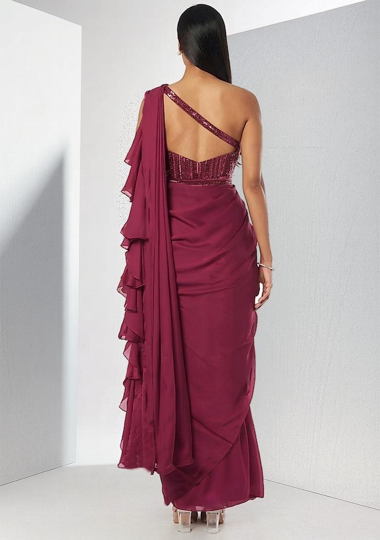 Wine Embroidered Handwork Pre Draped Saree Set - Indya