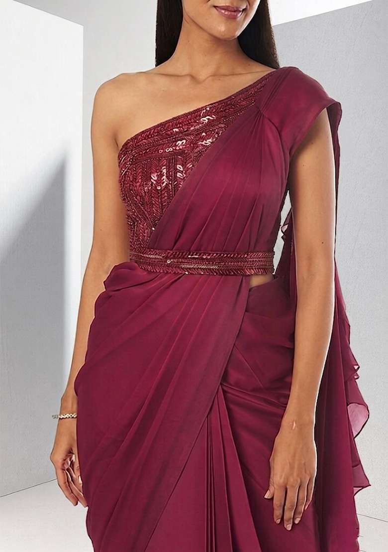 Wine Embroidered Handwork Pre Draped Saree Set - Indya