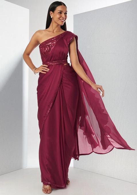 Pink Embroidered Handwork Pre Draped Saree Set