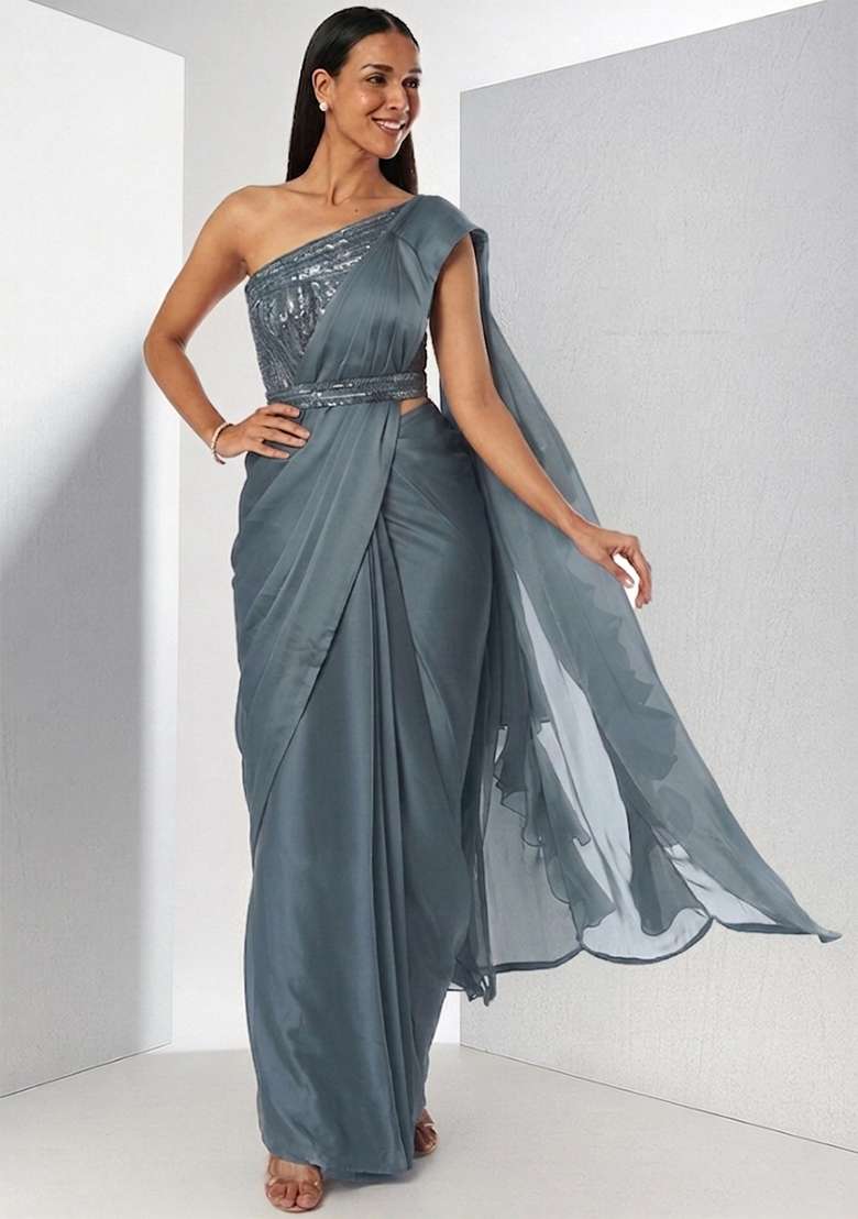Smoke Blue Embroidered Handwork Pre Draped Saree Set - Indya
