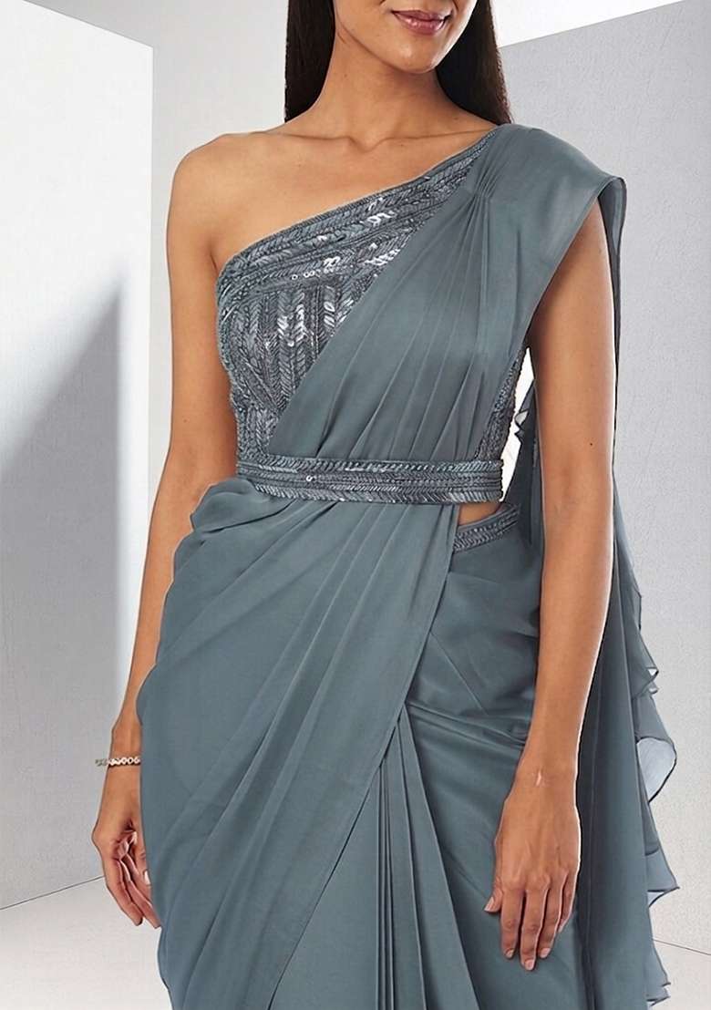 Smoke Blue Embroidered Handwork Pre Draped Saree Set - Indya