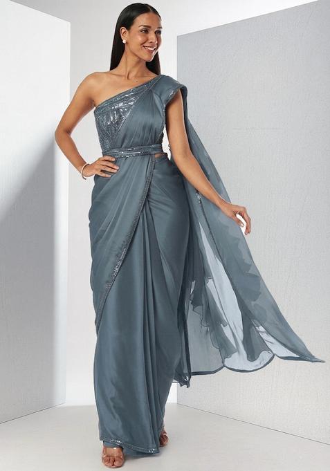 Smoke Blue Embroidered Handwork Pre Draped Saree Set