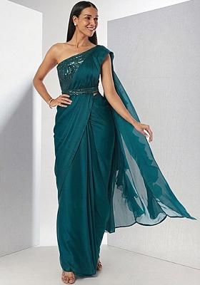 Teal Embroidered Handwork Pre Draped Saree Set