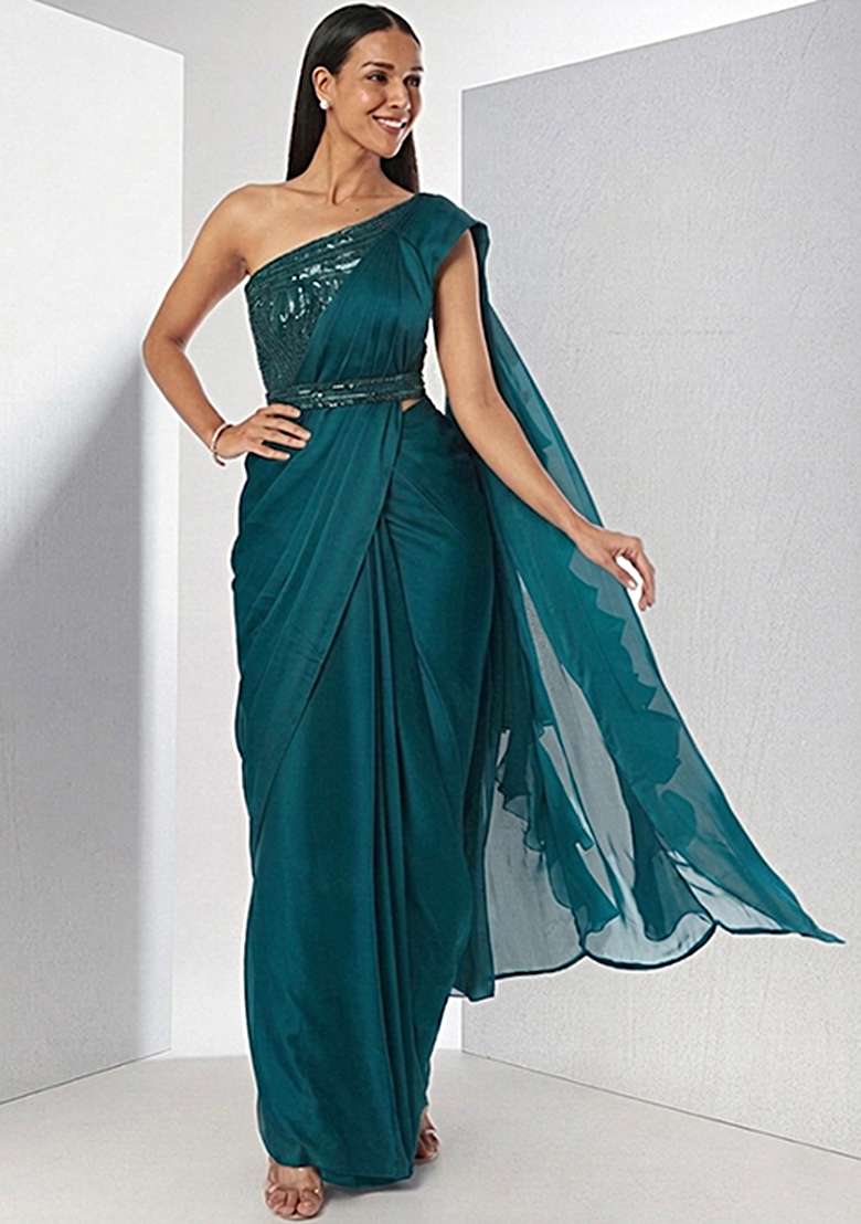 Teal Embroidered Handwork Pre Draped Saree Set - Indya