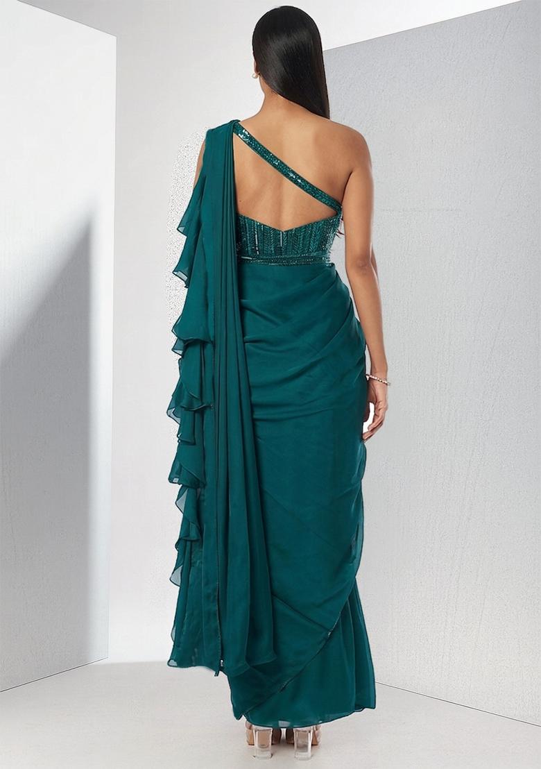 Teal Embroidered Handwork Pre Draped Saree Set - Indya