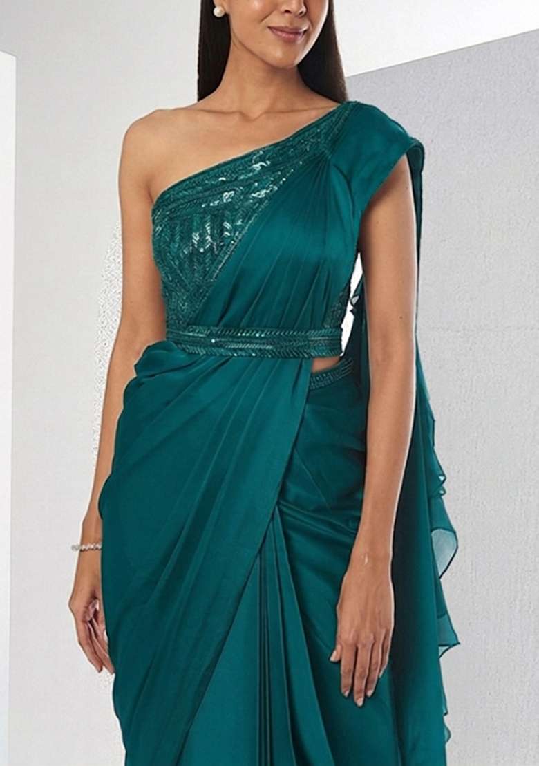 Teal Embroidered Handwork Pre Draped Saree Set - Indya