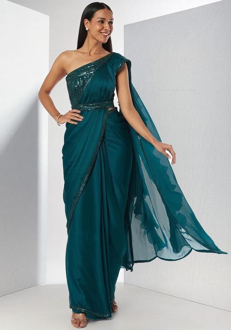 Teal Embroidered Handwork Pre Draped Saree Set
