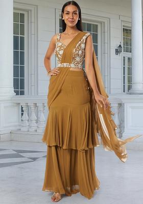 Brown Embroidered Handwork Pre Draped Saree Set