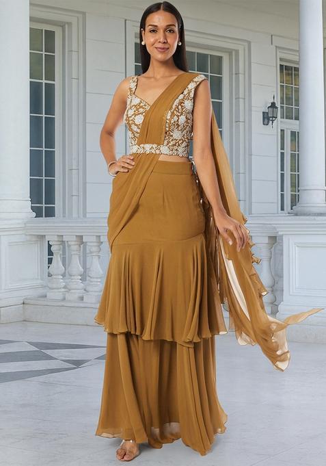 Brown Embroidered Handwork Pre Draped Saree Set