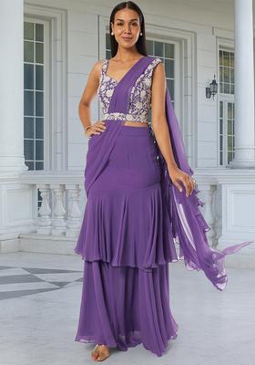 Dark Lavender Embroidered Handwork Pre Draped Saree Set