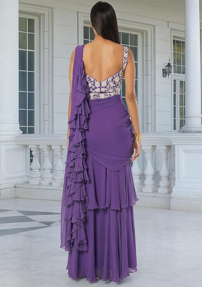 Dark Lavender Embroidered Handwork Pre Draped Saree Set - Indya
