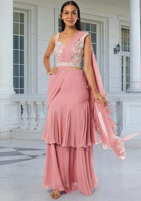 Pink Embroidered Handwork Pre Draped Saree Set