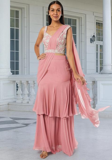 Pink Embroidered Handwork Pre Draped Saree Set