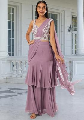 Purple Embroidered Handwork Pre Draped Saree Set