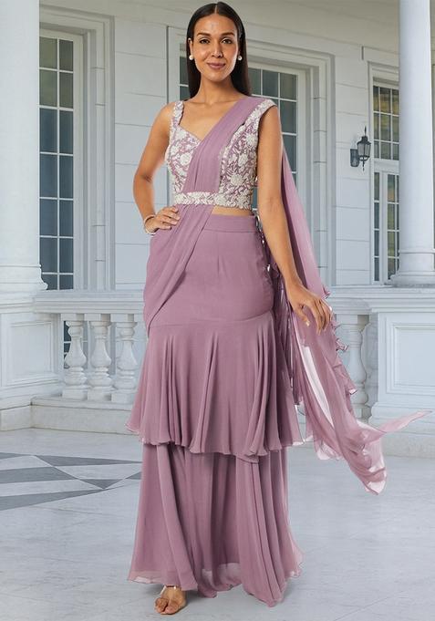 Purple Embroidered Handwork Pre Draped Saree Set