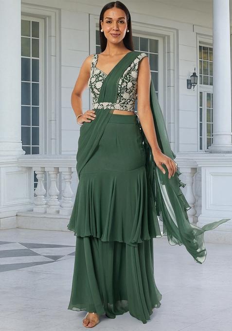 Green Embroidered Handwork Pre Draped Saree Set