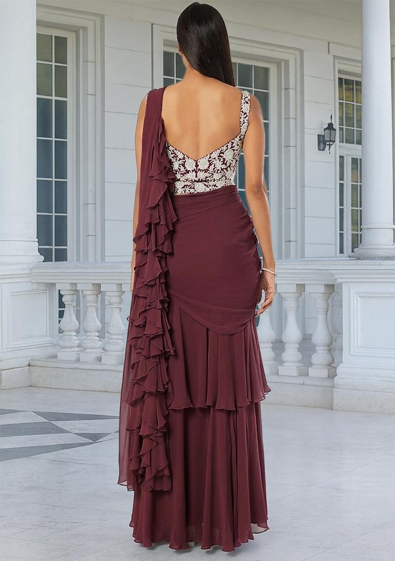 Dark Red Embroidered Handwork Pre Draped Saree Set - Indya