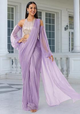 Purple Embroidered Handwork Pre Draped Saree Set