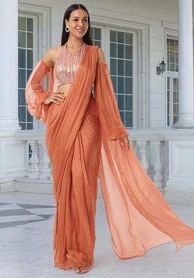 Brown Embroidered Handwork Pre Draped Saree Set