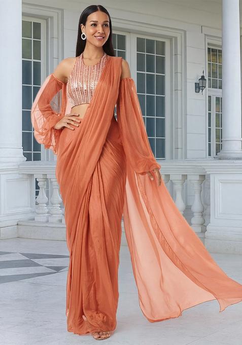 Brown Embroidered Handwork Fusion Set