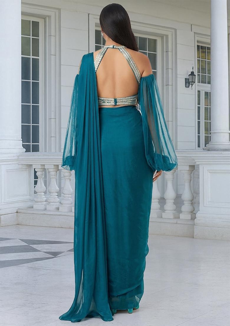 Teal Embroidered Handwork Pre Draped Saree Set - Indya