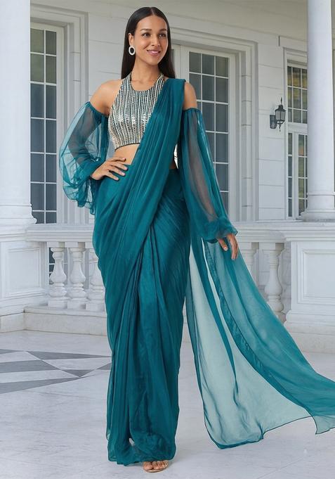 Teal Embroidered Handwork Fusion Set