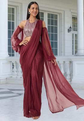 Dark Red Embroidered Handwork Pre Draped Saree Set