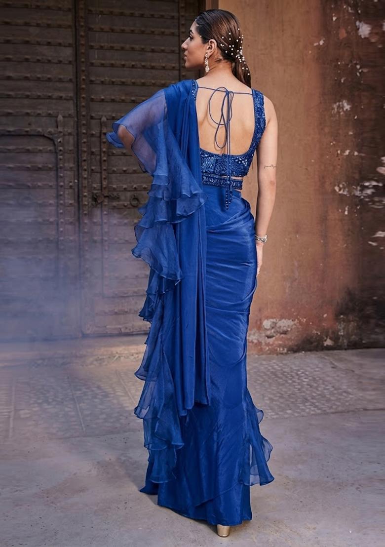 Blue Embroidered Handwork Pre Draped Saree Set - Indya