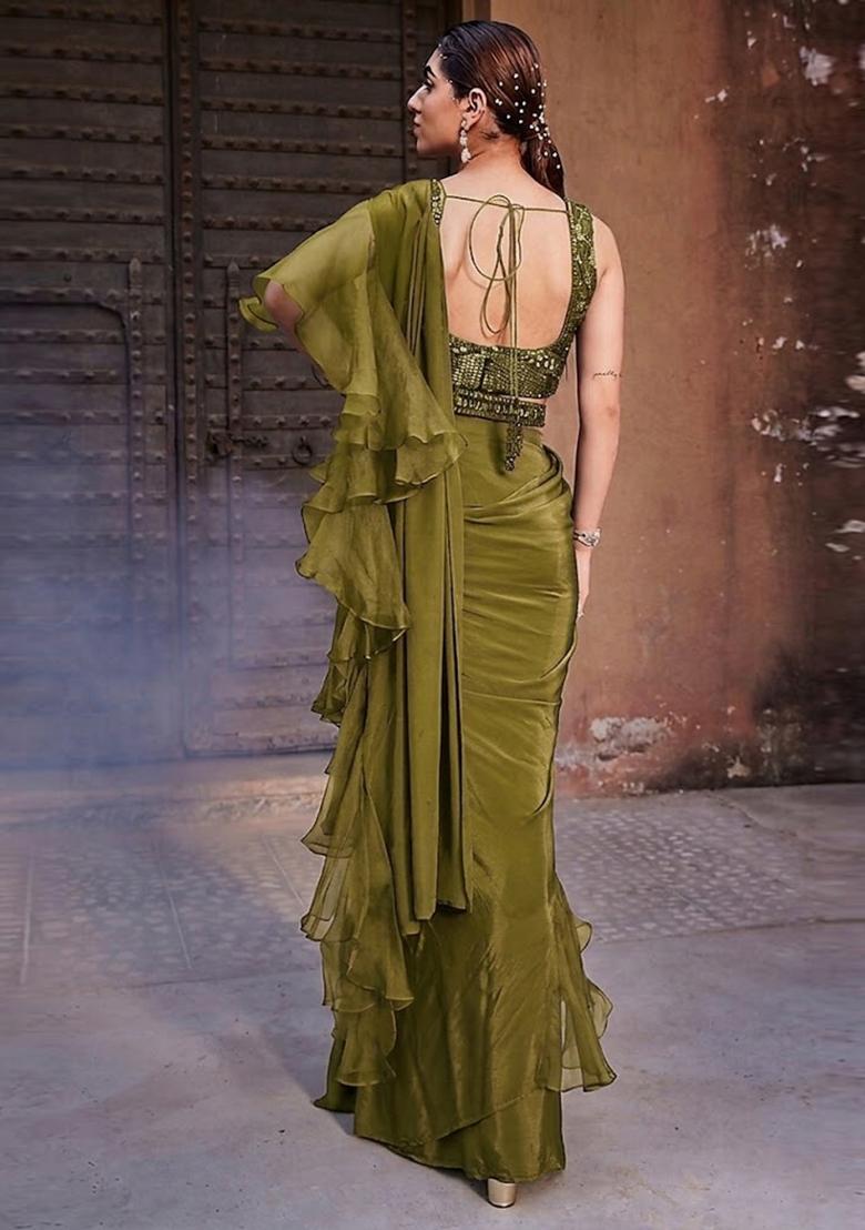 Green Embroidered Handwork Pre Draped Saree Set - Indya