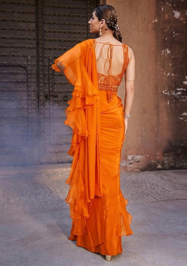 Orange Embroidered Handwork Pre Draped Saree Set - Indya