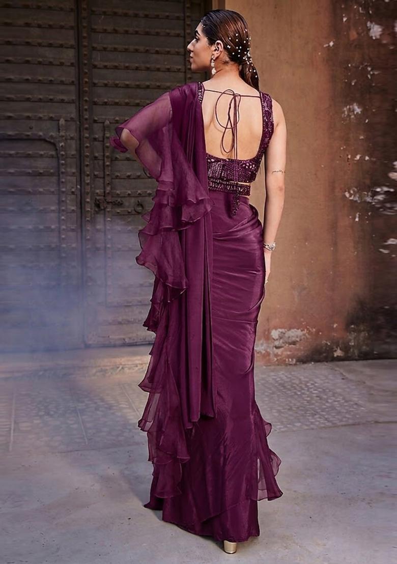 Purple Embroidered Handwork Pre Draped Saree Set - Indya