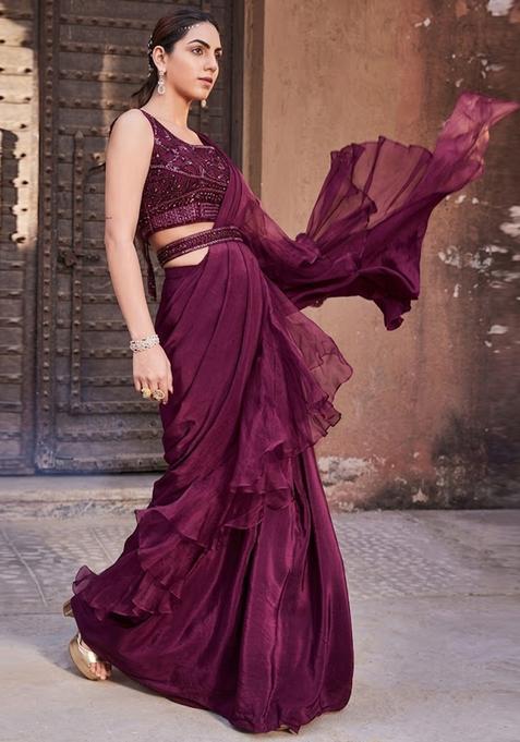 Purple Embroidered Handwork Pre Draped Saree Set