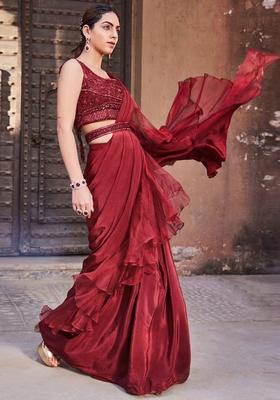 Red Embroidered Handwork Pre Draped Saree Set