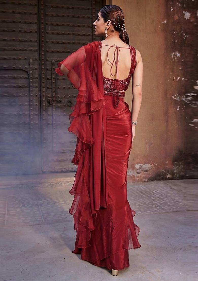 Red Embroidered Handwork Pre Draped Saree Set - Indya