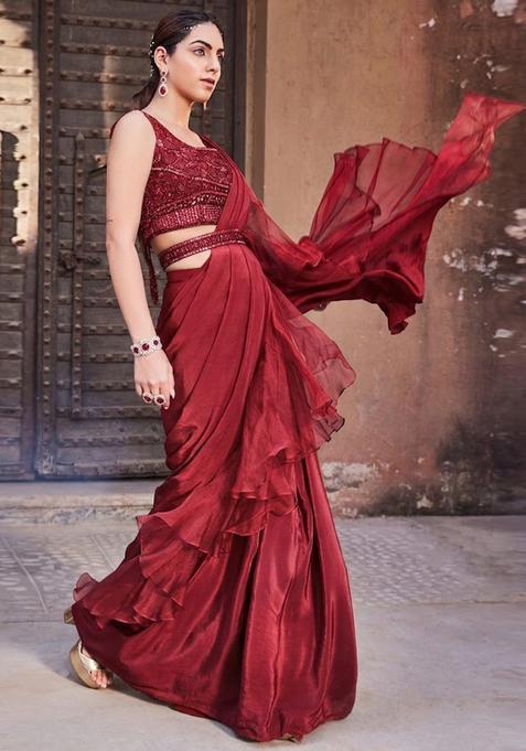 Red Embroidered Handwork Pre Draped Saree Set