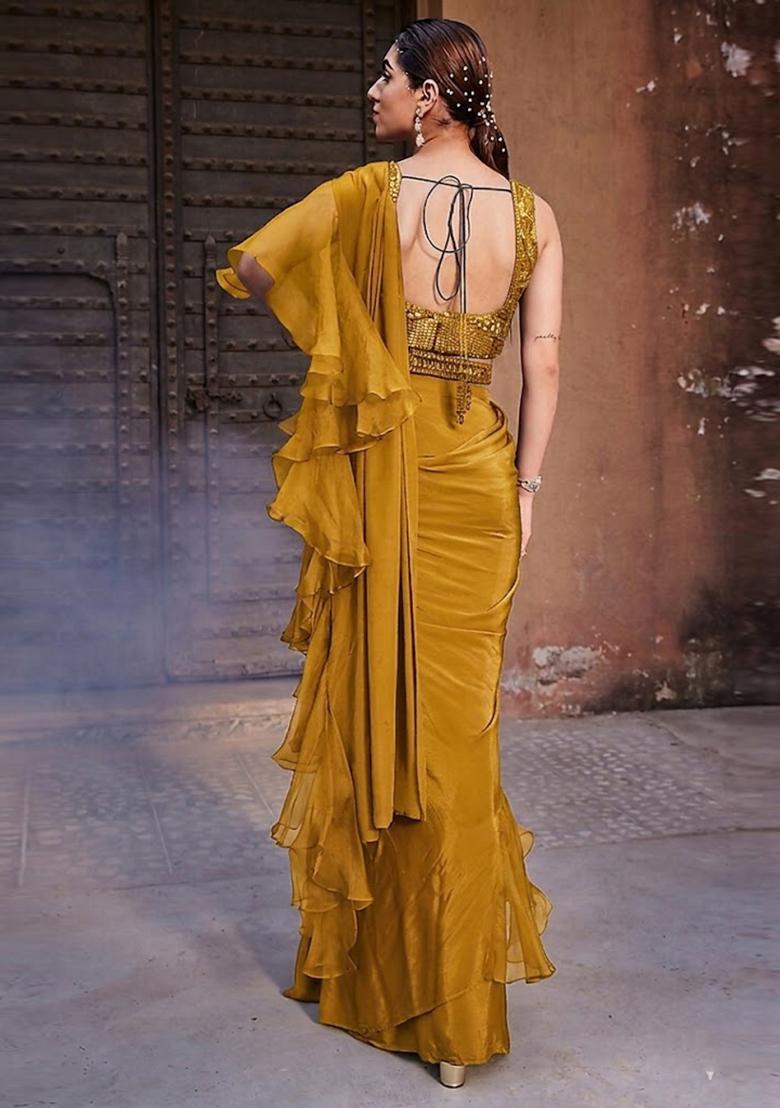 Yellow Embroidered Handwork Pre Draped Saree Set - Indya