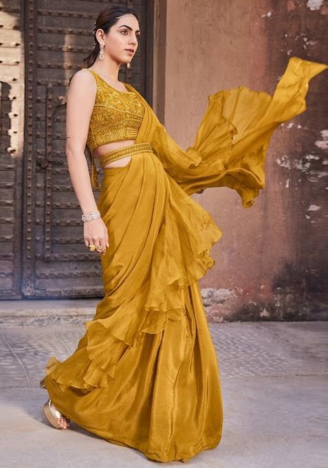 Yellow Embroidered Handwork Pre Draped Saree Set