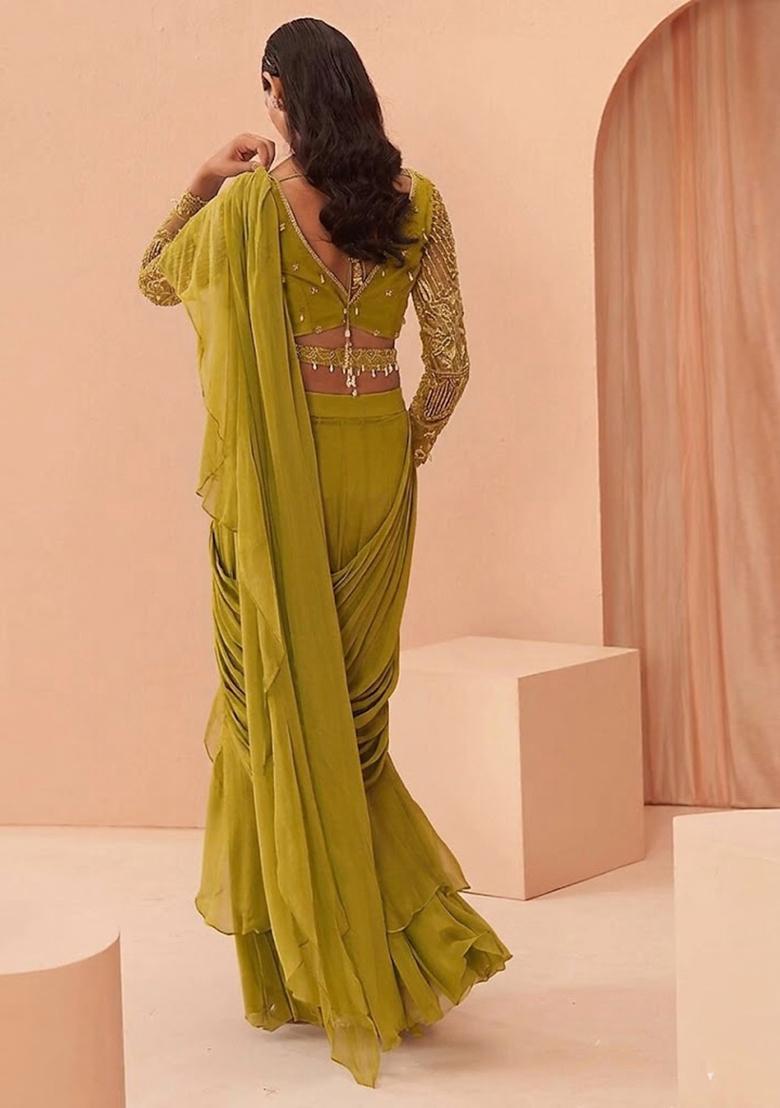 Green Embroidered Handwork Pre Draped Saree Set - Indya