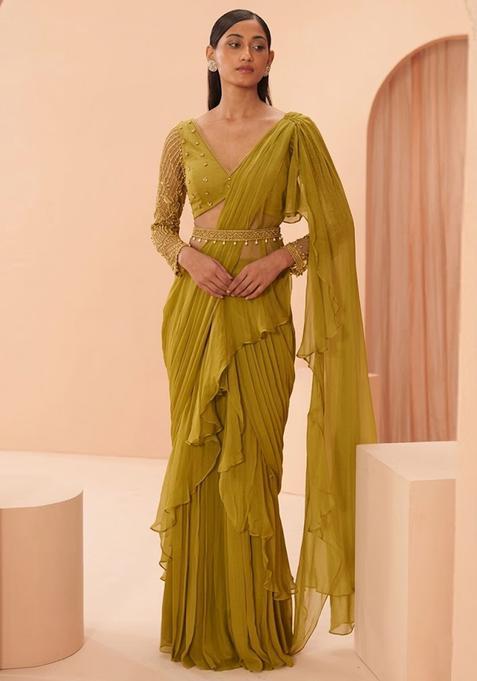 Green Embroidered Handwork Pre Draped Saree Set