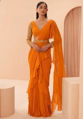 Orange Embroidered Handwork Pre Draped Saree Set