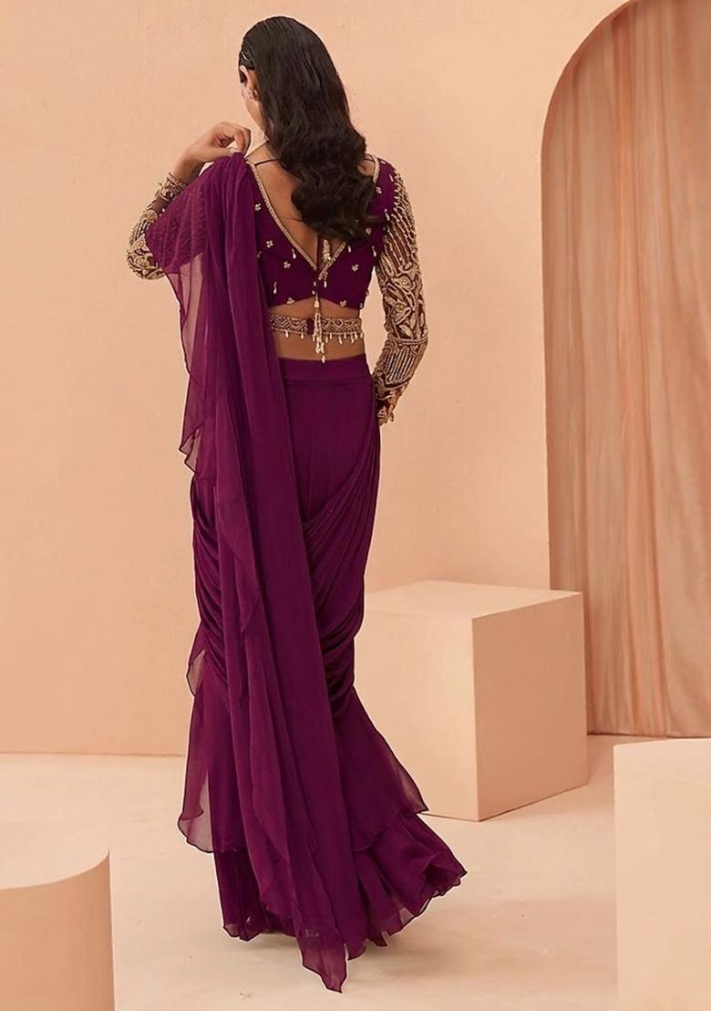 Purple Embroidered Handwork Pre Draped Saree Set - Indya