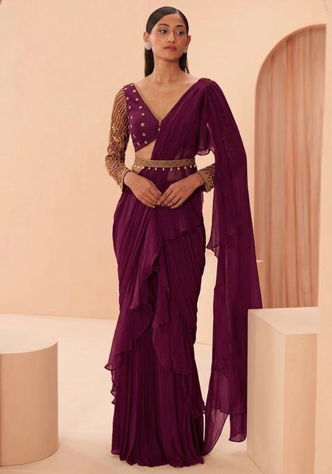 Purple Embroidered Handwork Pre Draped Saree Set