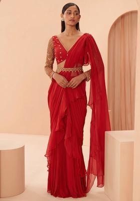 Red Embroidered Handwork Pre Draped Saree Set